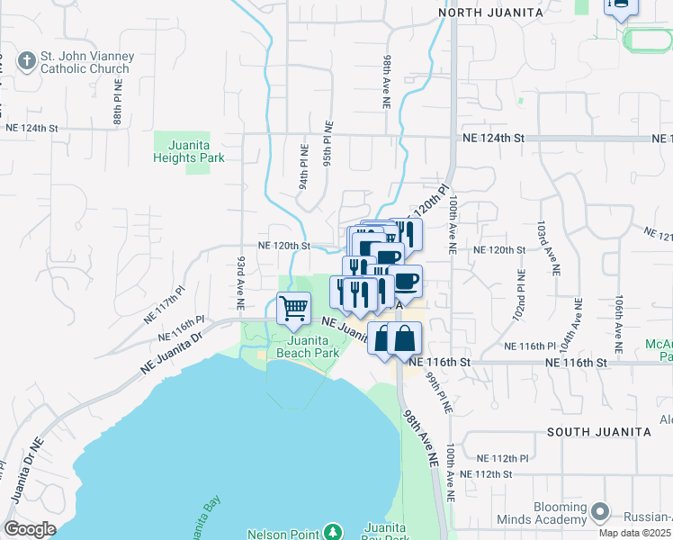 map of restaurants, bars, coffee shops, grocery stores, and more near 11925 97th Avenue Northeast in Kirkland