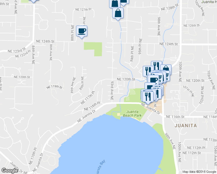 map of restaurants, bars, coffee shops, grocery stores, and more near 11933 93rd Avenue Northeast in Kirkland