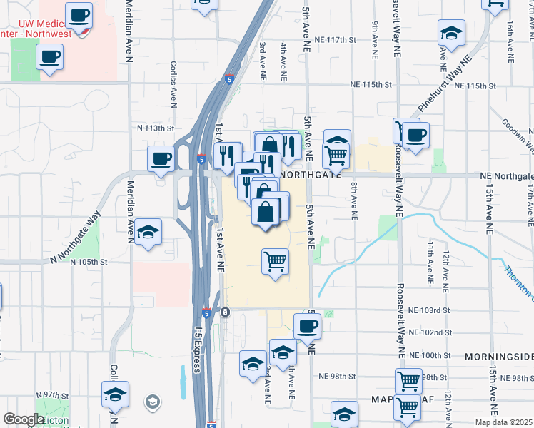 map of restaurants, bars, coffee shops, grocery stores, and more near 401 Northeast Northgate Way in Seattle