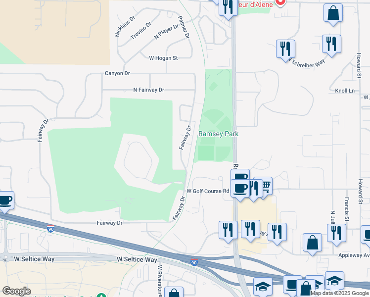 map of restaurants, bars, coffee shops, grocery stores, and more near 4561 Fairway Drive in Coeur d'Alene
