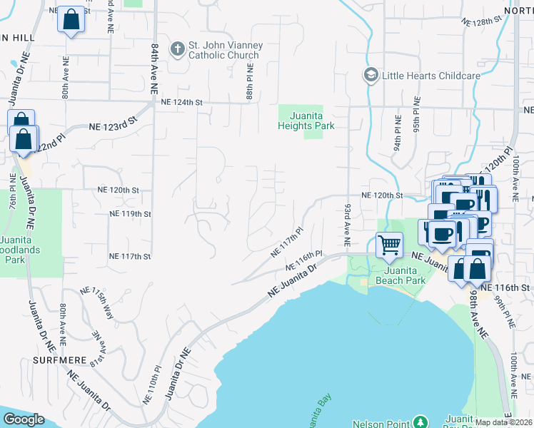 map of restaurants, bars, coffee shops, grocery stores, and more near 8929 Northeast 119th Place in Kirkland