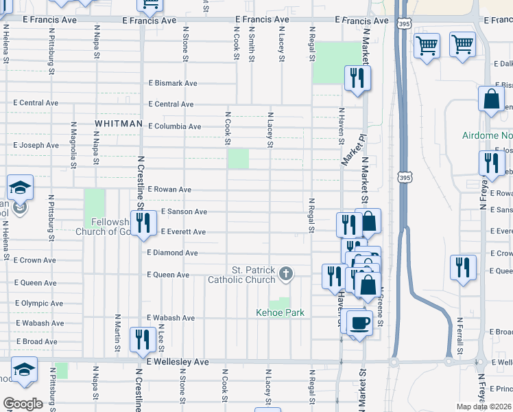 map of restaurants, bars, coffee shops, grocery stores, and more near 2602 East Rowan Avenue in Spokane