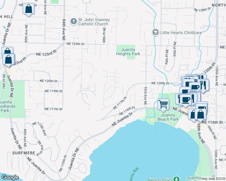 map of restaurants, bars, coffee shops, grocery stores, and more near 8929 Northeast 119th Place in Kirkland