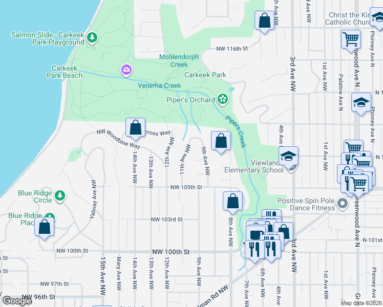 map of restaurants, bars, coffee shops, grocery stores, and more near 10727 11th Avenue Northwest in Seattle