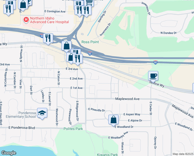 map of restaurants, bars, coffee shops, grocery stores, and more near 4210 East 2nd Avenue in Post Falls