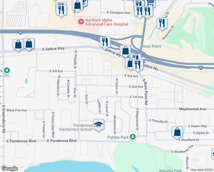 map of restaurants, bars, coffee shops, grocery stores, and more near 3653 East 2nd Avenue in Post Falls