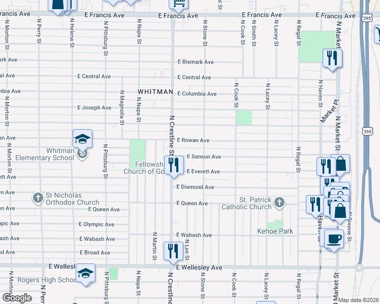 map of restaurants, bars, coffee shops, grocery stores, and more near 2118 East Rowan Avenue in Spokane