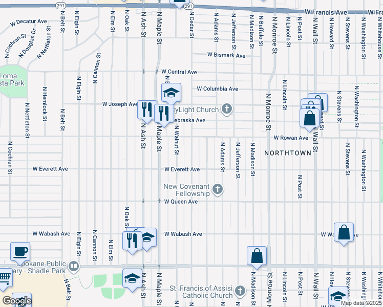 map of restaurants, bars, coffee shops, grocery stores, and more near 5412 North Cedar Street in Spokane