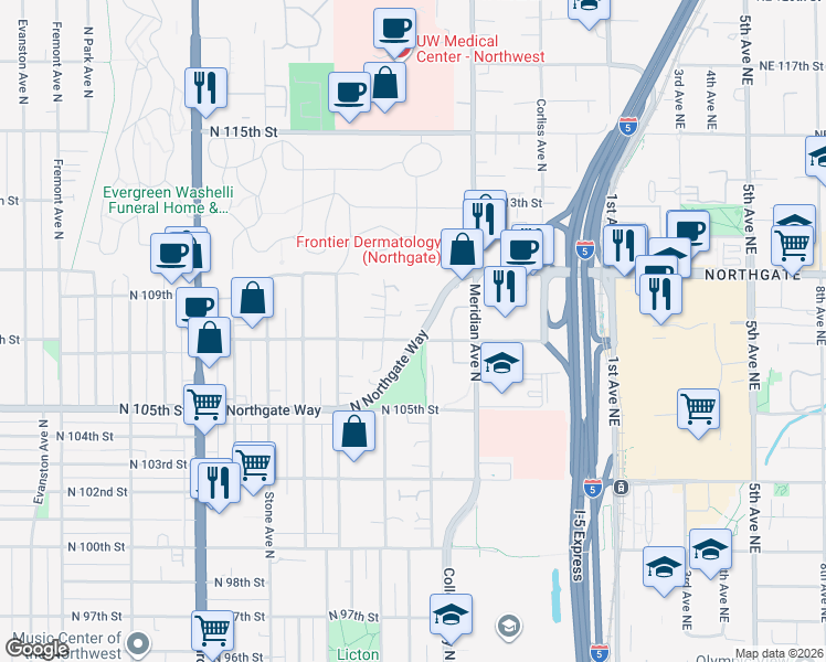map of restaurants, bars, coffee shops, grocery stores, and more near 10722 Densmore Avenue North in Seattle