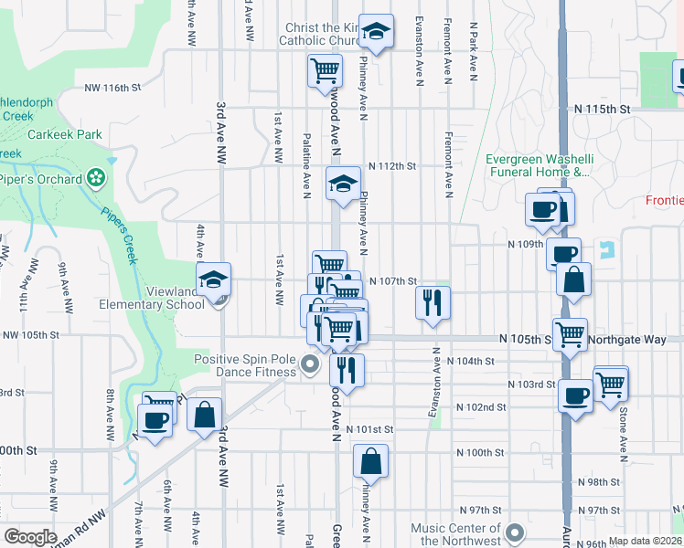 map of restaurants, bars, coffee shops, grocery stores, and more near 10718 Greenwood Avenue North in Seattle