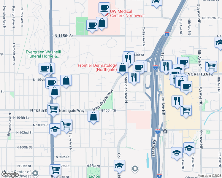 map of restaurants, bars, coffee shops, grocery stores, and more near 1752 North Northgate Way in Seattle