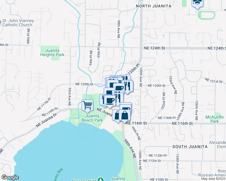 map of restaurants, bars, coffee shops, grocery stores, and more near 9740 Northeast 119th Way in Kirkland