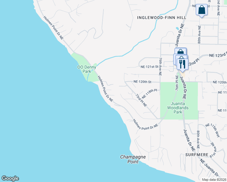 map of restaurants, bars, coffee shops, grocery stores, and more near 11830 Holmes Point Drive Northeast in Kirkland