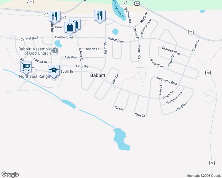 map of restaurants, bars, coffee shops, grocery stores, and more near 54 Garden Circle in Babbitt
