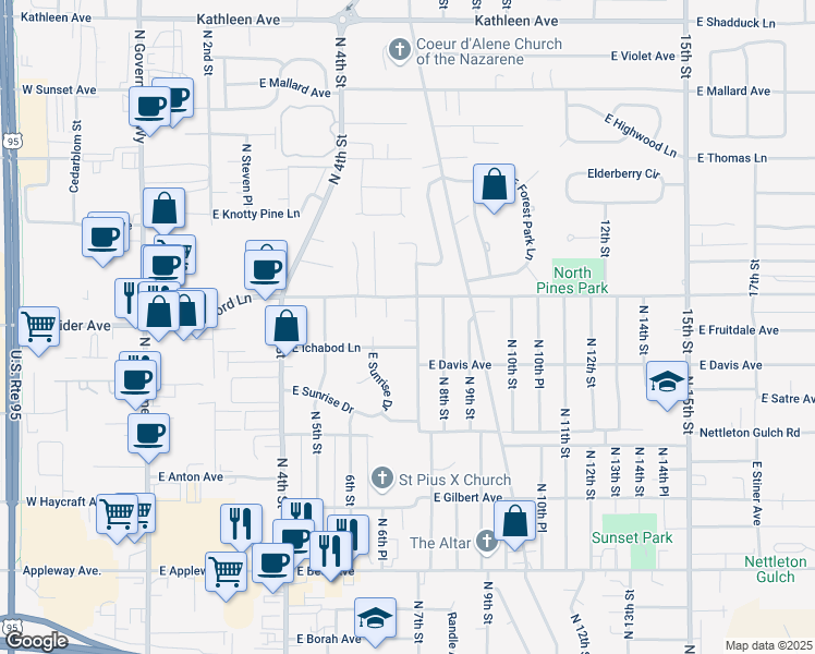 map of restaurants, bars, coffee shops, grocery stores, and more near 3314 North 6th Place in Coeur d'Alene