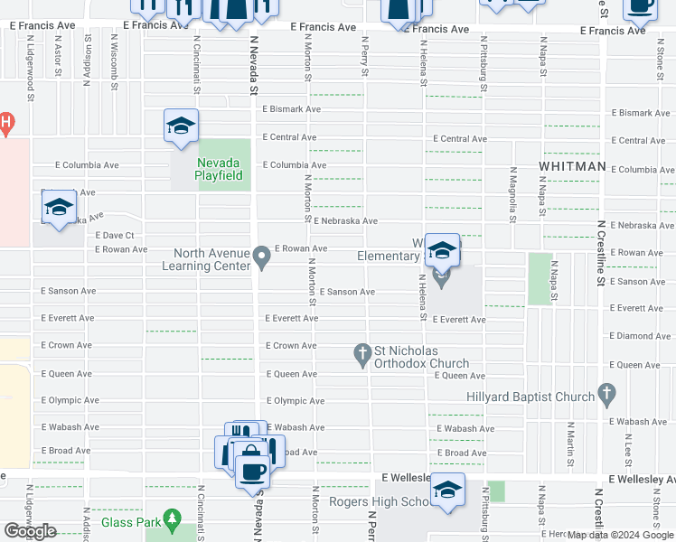 map of restaurants, bars, coffee shops, grocery stores, and more near 1226 East Rowan Avenue in Spokane