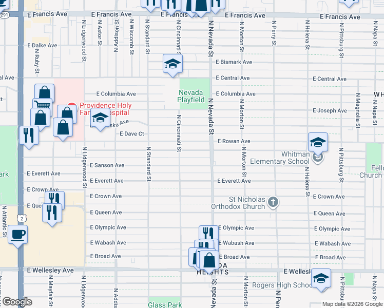 map of restaurants, bars, coffee shops, grocery stores, and more near 807 East North Avenue in Spokane