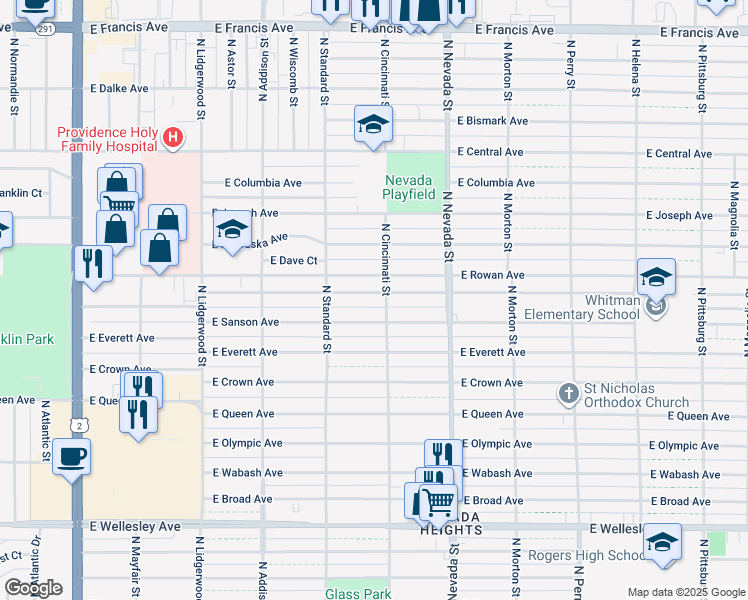 map of restaurants, bars, coffee shops, grocery stores, and more near 710 East Rowan Avenue in Spokane