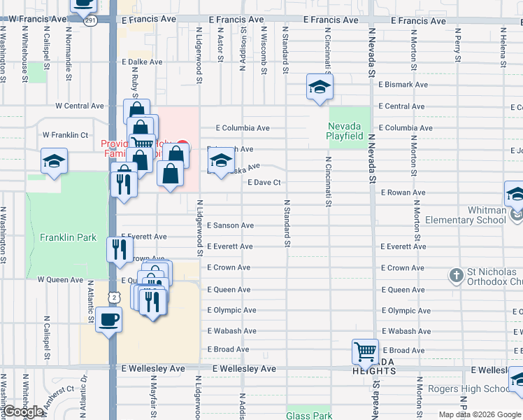 map of restaurants, bars, coffee shops, grocery stores, and more near 533 East North Avenue in Spokane