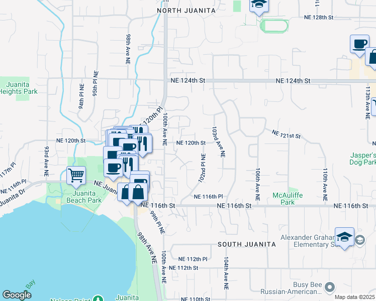 map of restaurants, bars, coffee shops, grocery stores, and more near 10023 Northeast 120th Street in Kirkland