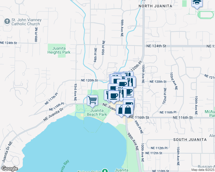 map of restaurants, bars, coffee shops, grocery stores, and more near 9702 Northeast 120th Place in Kirkland