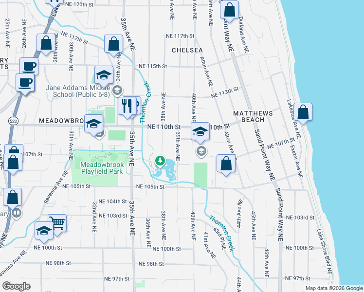 map of restaurants, bars, coffee shops, grocery stores, and more near 3917 Northeast 109th Street in Seattle