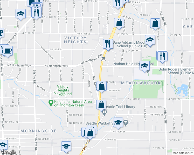 map of restaurants, bars, coffee shops, grocery stores, and more near 10730 24th Avenue Northeast in Seattle