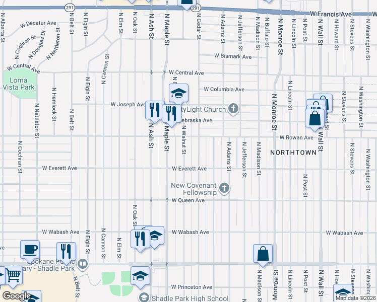 map of restaurants, bars, coffee shops, grocery stores, and more near 5414 North Walnut Street in Spokane