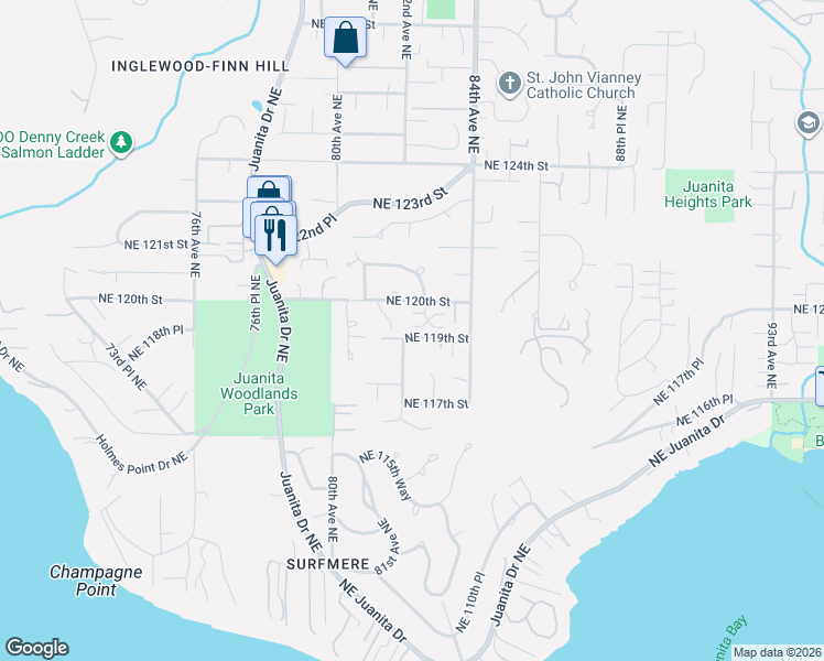 map of restaurants, bars, coffee shops, grocery stores, and more near 11919 82nd Place Northeast in Kirkland