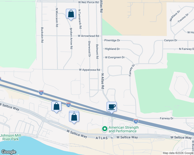 map of restaurants, bars, coffee shops, grocery stores, and more near 3341 Belmont Road in Coeur d'Alene