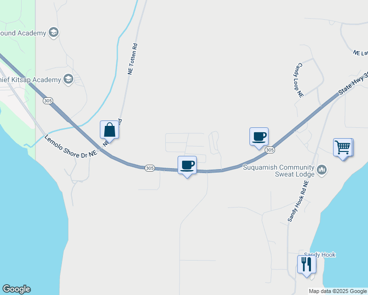 map of restaurants, bars, coffee shops, grocery stores, and more near State Highway 305 Northeast in Poulsbo