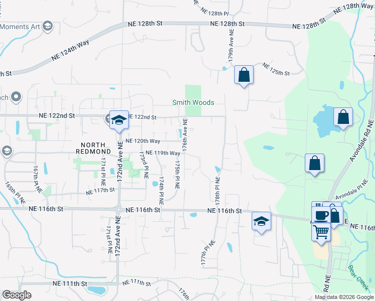 map of restaurants, bars, coffee shops, grocery stores, and more near 17652 Northeast 119th Court in Redmond