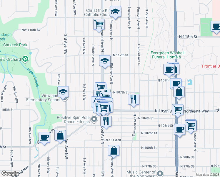 map of restaurants, bars, coffee shops, grocery stores, and more near 10718 Greenwood Avenue North in Seattle
