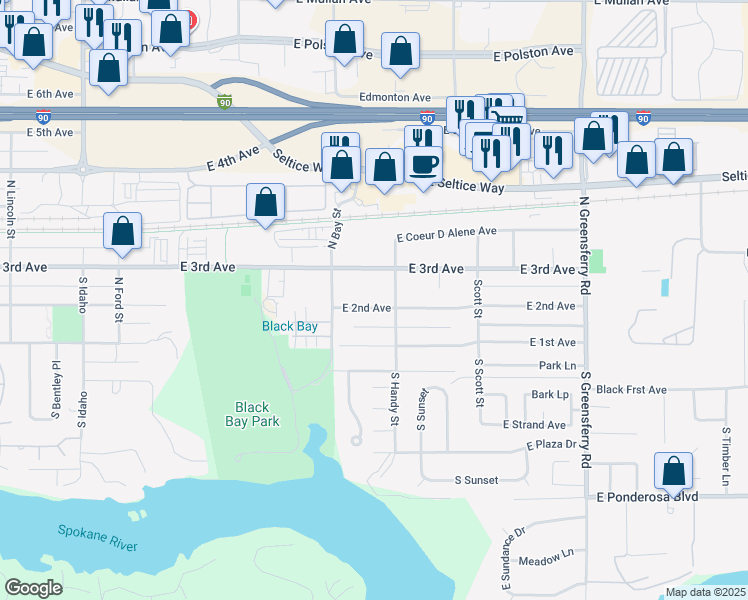 map of restaurants, bars, coffee shops, grocery stores, and more near 1513 East 2nd Avenue in Post Falls