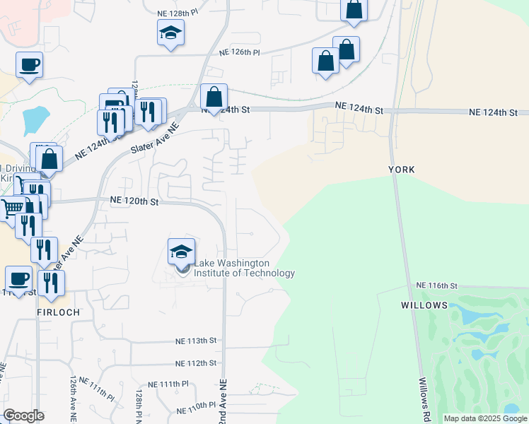 map of restaurants, bars, coffee shops, grocery stores, and more near 13402 Northeast 119th Way in Redmond