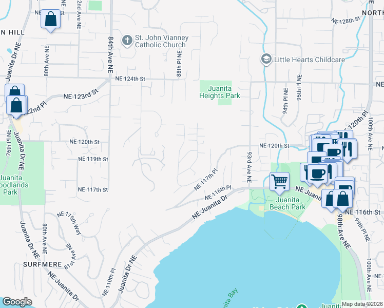 map of restaurants, bars, coffee shops, grocery stores, and more near 8929 Northeast 119th Place in Kirkland