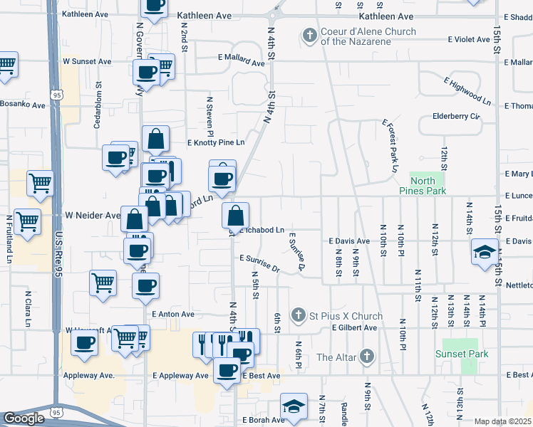 map of restaurants, bars, coffee shops, grocery stores, and more near 3314 North 5th Street in Coeur d'Alene