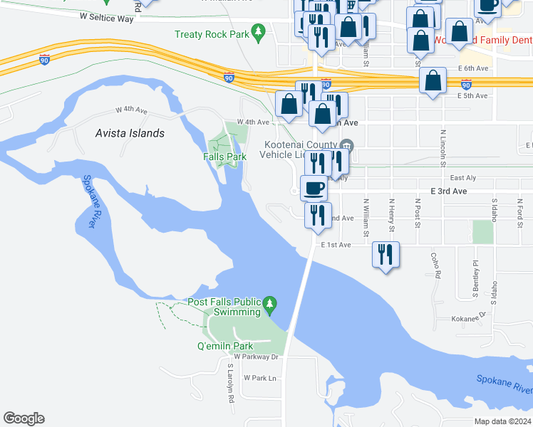 map of restaurants, bars, coffee shops, grocery stores, and more near 355 West Waterside Drive in Post Falls