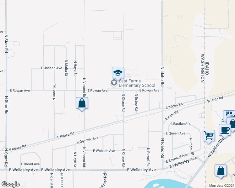map of restaurants, bars, coffee shops, grocery stores, and more near 5521 North Chase Road in Newman Lake