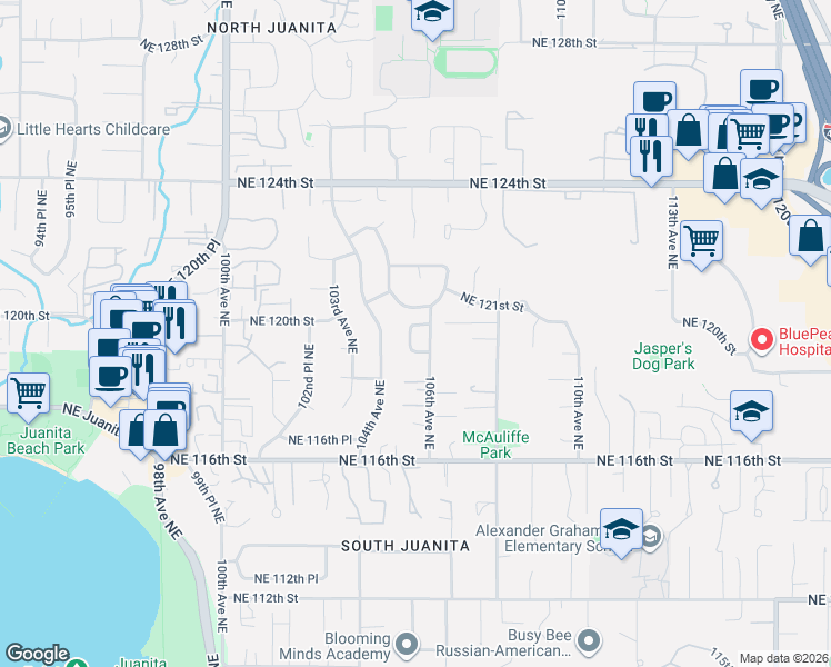 map of restaurants, bars, coffee shops, grocery stores, and more near 10521 Northeast 120th Street in Kirkland