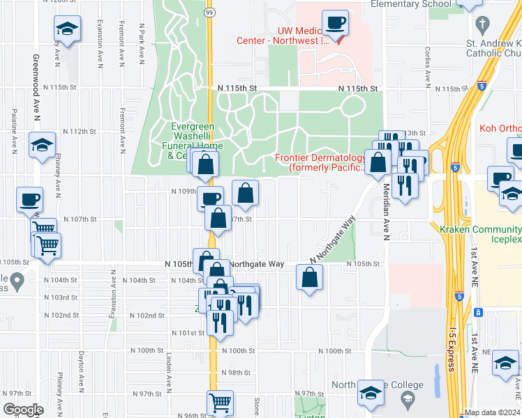map of restaurants, bars, coffee shops, grocery stores, and more near in Seattle