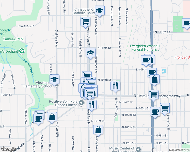 map of restaurants, bars, coffee shops, grocery stores, and more near 10718 Greenwood Avenue North in Seattle