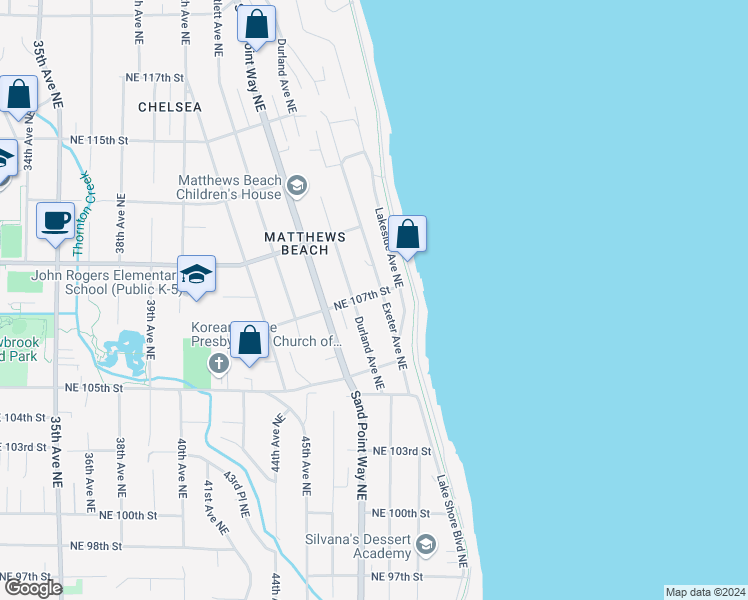 map of restaurants, bars, coffee shops, grocery stores, and more near 4621 Northeast 107th Street in Seattle