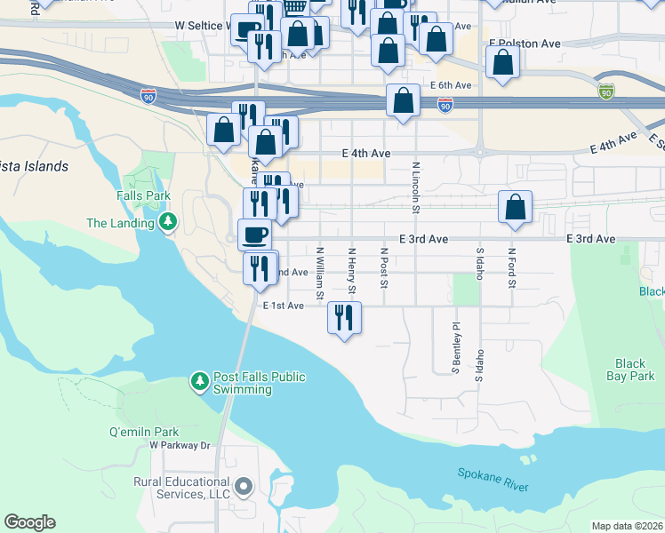 map of restaurants, bars, coffee shops, grocery stores, and more near 311 East 2nd Avenue in Post Falls