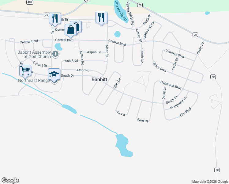 map of restaurants, bars, coffee shops, grocery stores, and more near 54 Garden Circle in Babbitt