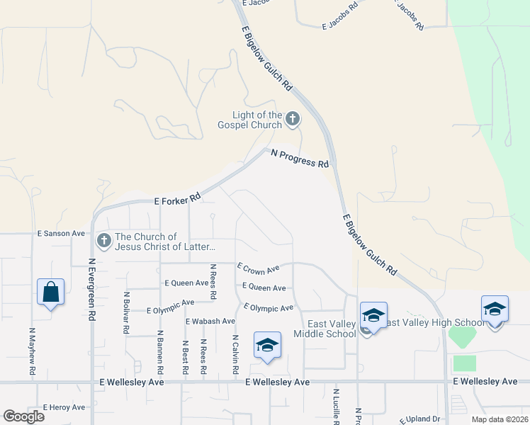 map of restaurants, bars, coffee shops, grocery stores, and more near 14512 East Sanson Avenue in Spokane Valley