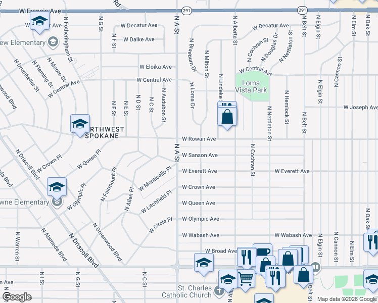 map of restaurants, bars, coffee shops, grocery stores, and more near 2822 West Sanson Avenue in Spokane