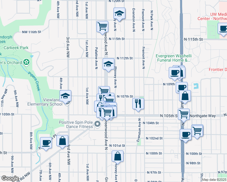 map of restaurants, bars, coffee shops, grocery stores, and more near 10715 Phinney Avenue North in Seattle