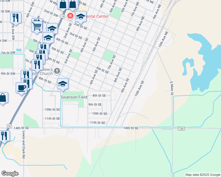 map of restaurants, bars, coffee shops, grocery stores, and more near 712 6th St SE in Sidney
