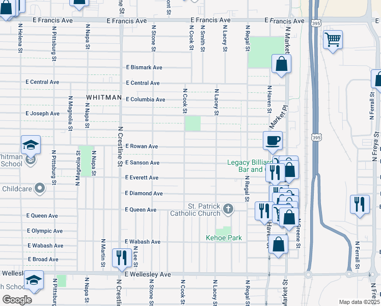 map of restaurants, bars, coffee shops, grocery stores, and more near 5417 North Cook Street in Spokane
